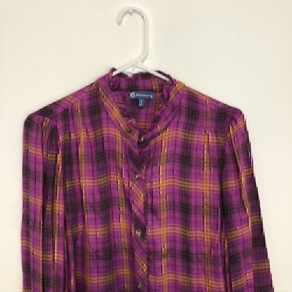 NEW NWT DEMOCRACY Long Sleeve Ruffle Neckband Plaid Button Down Shirt Purple S - Picture 5 of 13